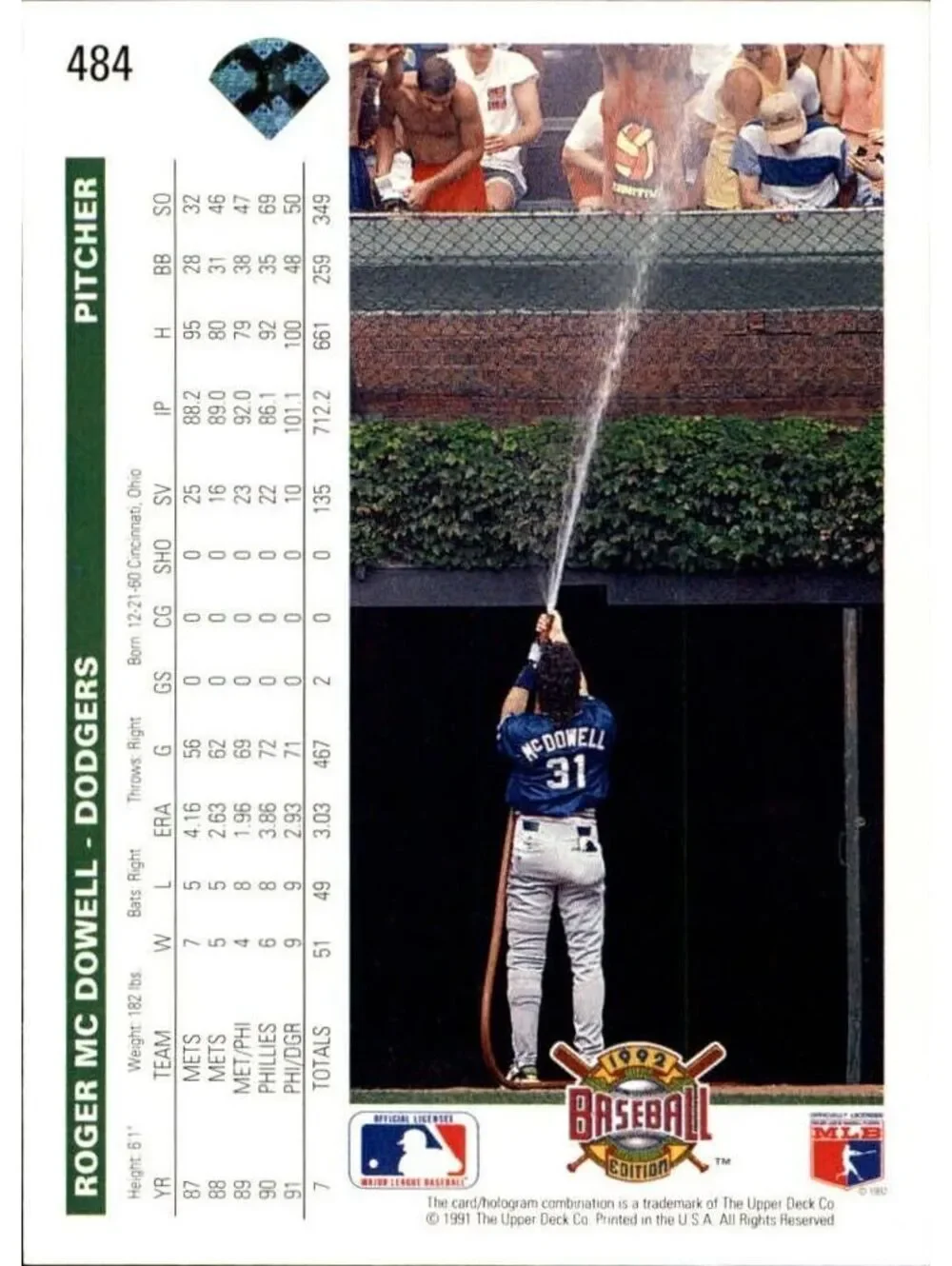 Roger McDowell 1992 Upper Deck MLB #484 Baseball Card Los Angeles Dodgers